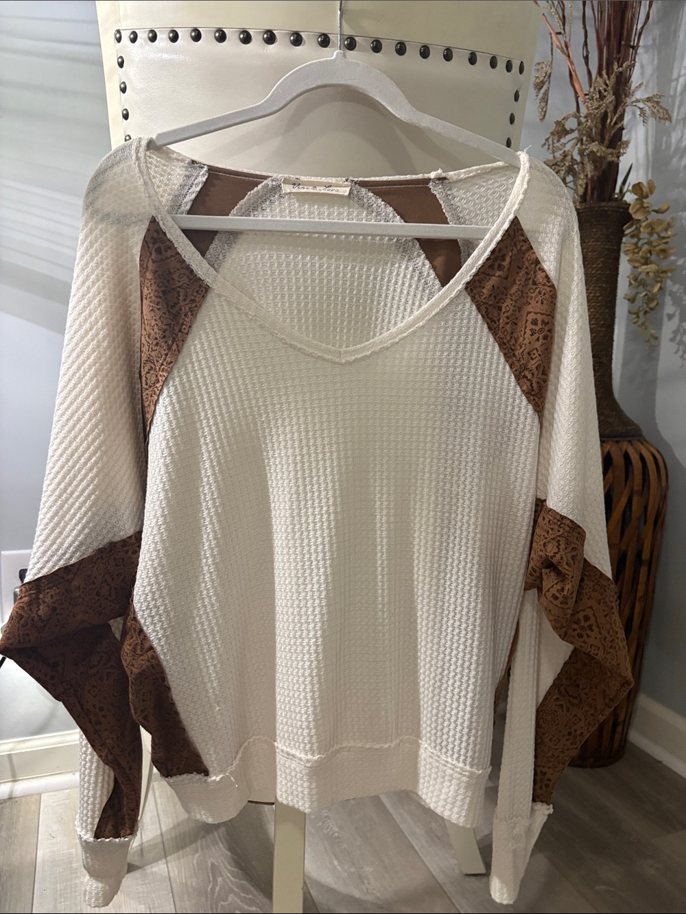 Waffle Knit V-Neck Top  with Brown Patch Details - Women